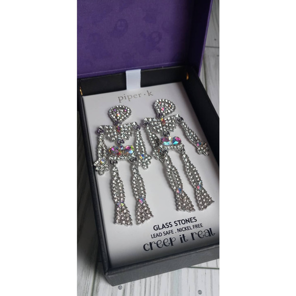 Piper K Halloween Glass Stone Skeleton Earrings 3" Long - Picture 2 of 5